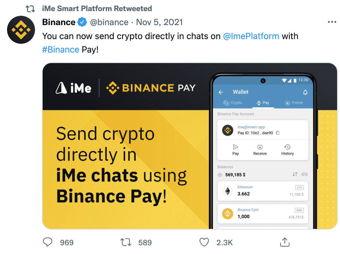 BinancePay 合作後，iMe 能否成為“金融級”社交平臺？